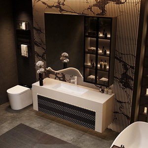 Customized hotel style 304 stainless steel LED light ceramic integrated seamless basin wall mounted bathroom cabinet - Product Image 3