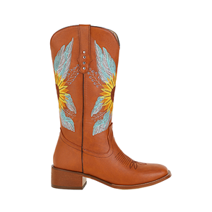 Botas Vaqueras Occidentales WETKISS 2023 para Mujer, Color Marrón, Tacón Bajo, Bordado de Girasol, Punta Almendrada, Parte Superior de PU, Antideslizantes, para Verano e Invierno - Product Image 1