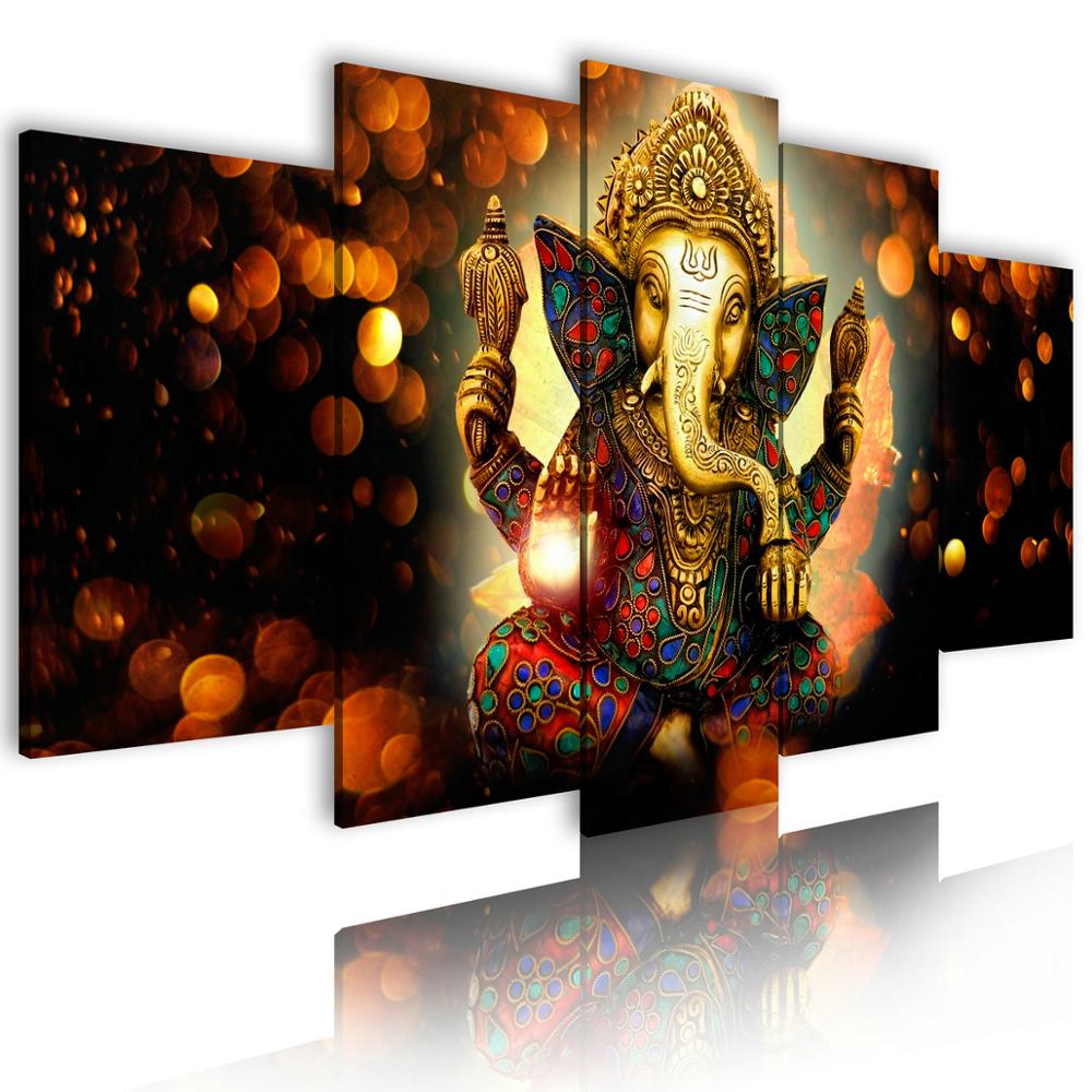 Picture Oil Paintings Canvas Painting Prints Indian God Nose Elephant Artwork 5 Panels Wall Art Custom Stretched Canvas Black