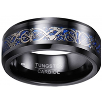 Bague de mariage POYA 8 mm bleue et noire avec dragon celtique incrusté et bord biseauté poli