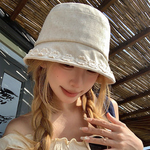 Japanese Style Floral Cotton Linen Bucket <b>Hat</b> For Women <b>Summer</b> Breathable Sun Protection Shade <b>Hat</b> - Product Image 2