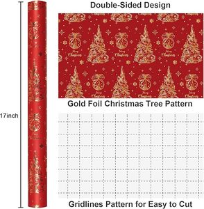 <b>Red</b> Style Elegant Christmas Tree With Gold Foil Design Winter Holiday Gift Kraft <b>Wrapping</b> <b>Paper</b> for Gift Packaging - Product Image 6