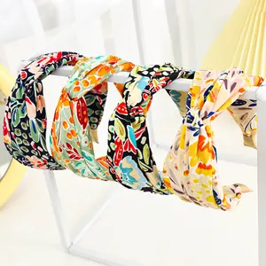 Wholesale Women Colorful Floral Knotted Hair Band Boho Hair Accessories Female Chiffon Flowers Printed for Headbands