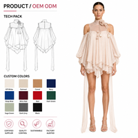 Robe mini à volants superposés en maille transparente pour femme, col montant, sans manches, décorée de roses, idéale pour les soirées, vente en gros OEM ODM