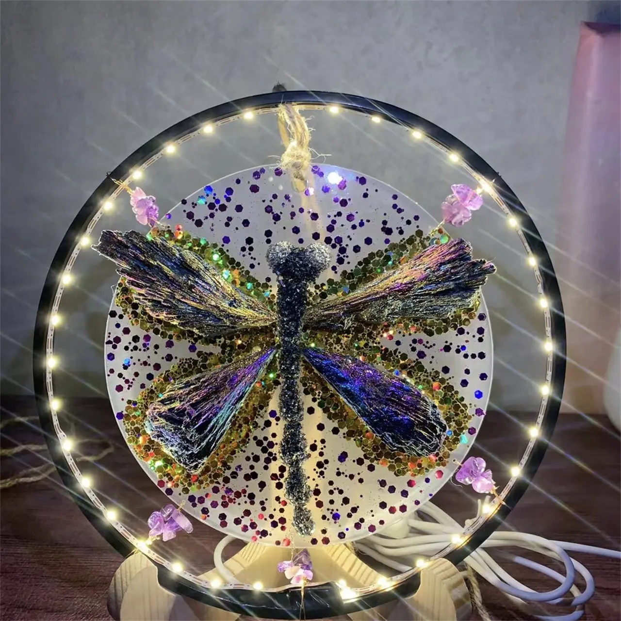 Natural Crystal Butterfly Lamp Resin Healing Stones Quartz Chip LED Round Tourmaline Dragonfly Lamp