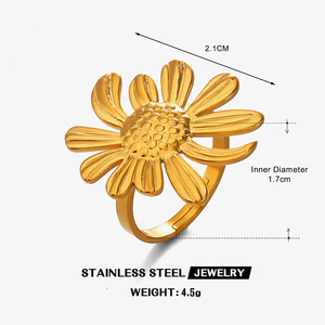 Bague pour femme en acier inoxydable, style simple, plaquée or 18 carats, avec motifs floraux et tournesol tendance - Product Image 5
