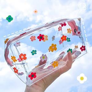Bolsa de cosméticos transparente con diseño de margaritas, estuche de viaje impermeable de gran capacidad, material de PVC, 18x9x9 Cm - Product Image 1