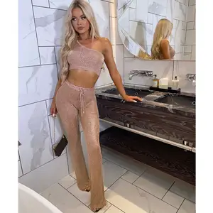 2021 New Crystal Sparkling Sexy Two-piece Set Women Metallic Chain Crop Top Bra & Pants Party