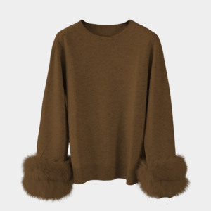 Nuovo Arrivo all'Ingrosso: Maglione Pullover da <span class=keywords><strong>Donna</strong></span> in 100% Lana, Colore Tinta Unita, Collo a O, con Polsini in Pelliccia di Volpe - Product Image 4