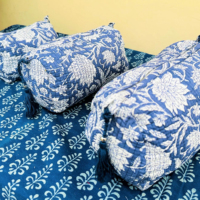 Sac matelassé indien fait main en pur coton écologique, résistant à l'eau, bleu, avec fermeture éclair, lavable, motif imprimé au bloc artisanal