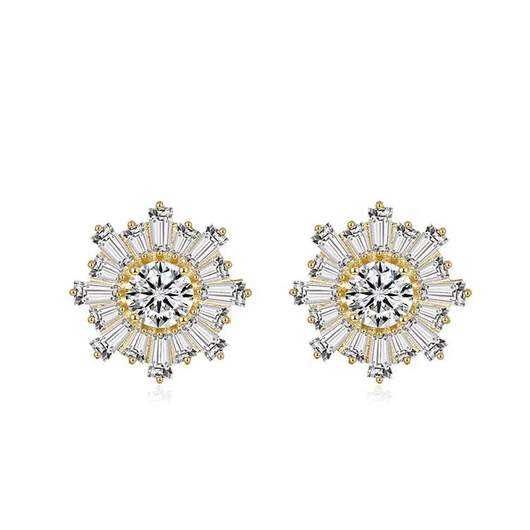 Wholesale Fashion Jewelry 18K Gold Plated Jewellery 925 Sterling Silver Cubic Zirconia Flower Stud Earring for Women