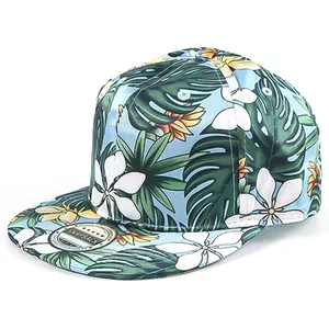 Özel Polyester donatılmış şapka üzeri çiçek baskılı çiçek Snapback kapaklar yüksek kaliteli düz ağız beyzbol spor şapkaları