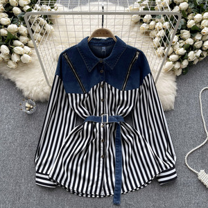 Spring New Casual Style Denim <b>Patchwork</b> Color Splicing Long Sleeve <b>Shirt</b> for Woman Fashion - Product Image 4