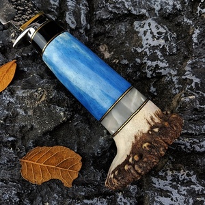 Cuchillo de Caza y Rescate de Acero de Damasco para Exteriores con Funda de Cuero Vacuno, Mango de Hueso de Cuerno de Ciervo, Hoja Fija DIY OEM de 9.6cm, 60HRC - Product Image 4