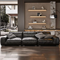 Grand canapé en cuir noir italien minimaliste, canapé design moderne et minimaliste en ligne droite, idéal pour grand salon de villa