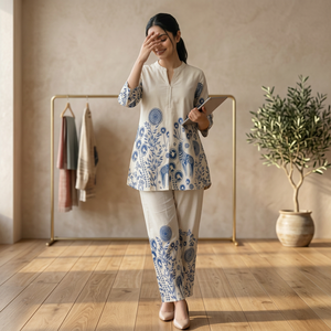 Ensemble 2 pièces pour femmes, imprimé floral beige, haut à manches trois quarts, pantalon droit, vêtements décontractés, printemps été, coupe ample - Product Image 3