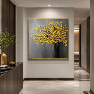 Minimalist Abstract Textured Oil Painting Golden Leaves at Dusk <b>Canvas</b> Artwork Handmade Decorative Arts <b>for</b> Commercial Decor - Product Image 1