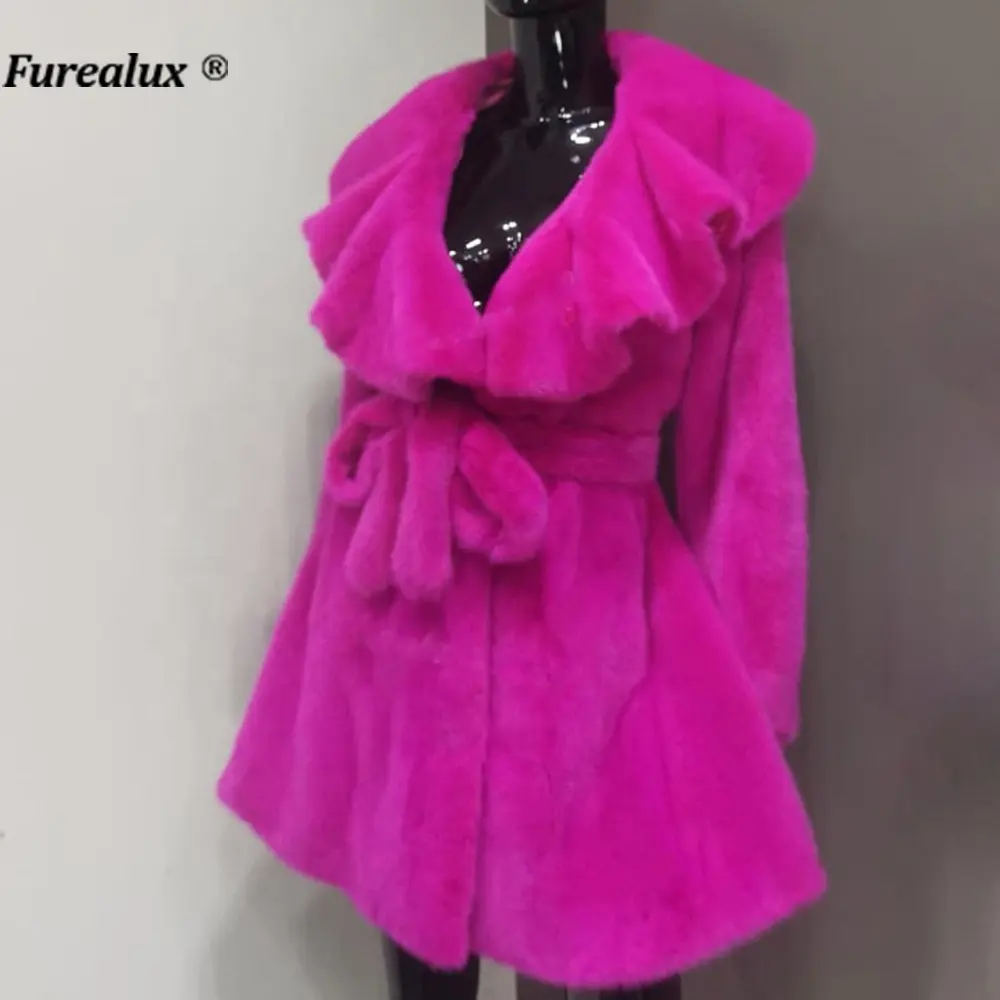 Fashion Rose Color Natural Real Mink Fur Coats Woman Big Lapel Real Mink Jacket Slim Sashes Winter Warm Thick Real Fur Outerwear