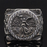 Anello Stile Centenario in Argento Sterling 925 con Zirconia Cubica e Moneta da 50 Pesos Messicani