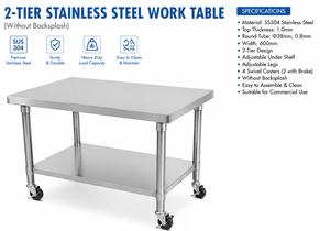 Commercial Kitchen Equipment <b>Work</b> <b>Table</b> 2 Tier with Wheels Adjustable Legs Commercial Kitchen Prep <b>Table</b> Heavy Duty - Product Image 2