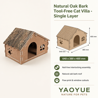 Villa para Gatos de Una Sola Capa, sin Herramientas, con Diseño de Huellas de Patas y Ventanas Recortadas, en Color Corteza de Roble Natural, 640 x 380 x 400 mm