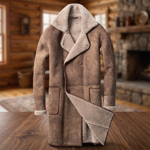 <b>Men's</b> Brown <b>Suede</b> Leather <b>Jacket</b> with Sherpa Lining Turn-down Collar Long Winter Coat Casual Style Waterproof Windproof - Product Image 3