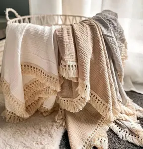 热卖波西米亚复古婴儿棉针织流苏毯婴儿拥抱蕾丝毯新生儿平纹薄纱襁褓包边