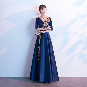 Women's Choral Dress Navy Blue V-Neck A-Line Embroidery Long Performance Attire - Product Image 1