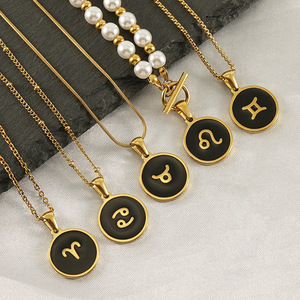 Colgante de esmalte negro con disco redondo de 16 mm y 12 signos del zodiaco |   Acero Inoxidable con Baño de Oro de 18K PVD, Resistente al Agua y Sin Decoloración, para Joyería DIY - Product Image 4