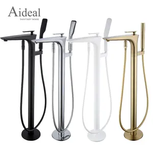 Luxury Design Brass Hot And Cold Mixed 2 Functional Bathroom Brushed Gold Floor Freestanding Bathtub Faucet