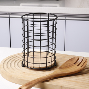 Porte-ustensiles en fil métallique noir pour comptoir de <span class=keywords><strong>cuisine</strong></span> avec base en bois, grand porte-ustensiles de comptoir, panier de rangement pour capsules de café - Product Image 1