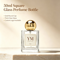 Flacon de parfum carré en verre transparent de 50 ml avec bouchon rond doré, flacon de parfum vide rechargeable, logo personnalisé accepté