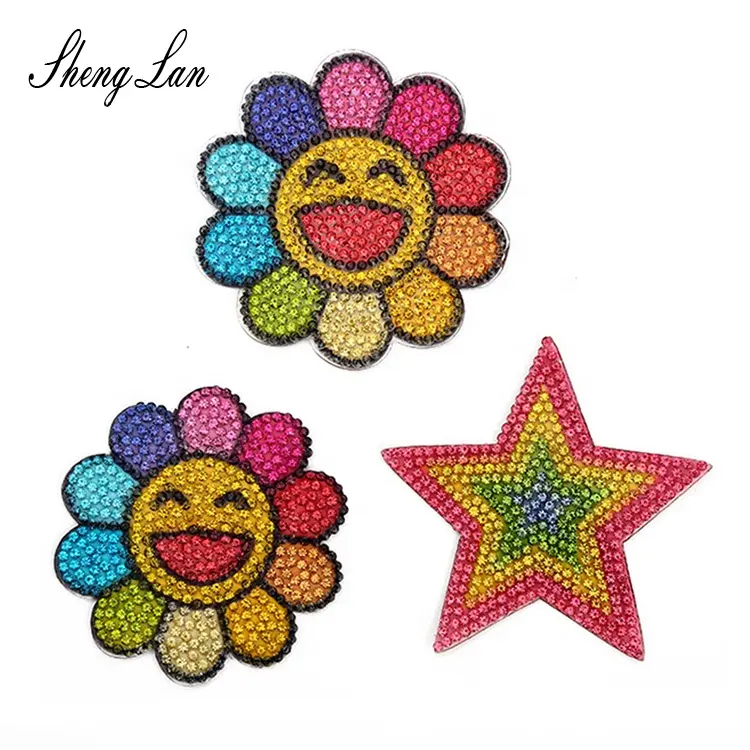 Shenglan Rhinestone Sunflower Five-pointed Star Patch Hot Glue Rhinestone Cloth Appliques Colorful Sequin Pattern Patch