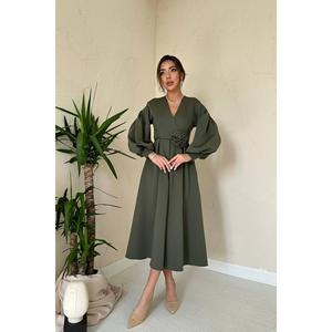Robe élégante en crêpe kaki, coupe trapèze, col rond, taille naturelle, respirante, robe de cocktail - Product Image 5
