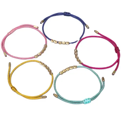 Pulseira de corda trançada artesanal de contas tibetanas ajustáveis, corda vermelha com miçangas de cobre irregular, bracelete de metal para casais