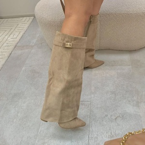 SHIKOL shark boots con lucchetto di lusso in pelle di albicocca nera scamosciata alla moda a punta tacchi spessi piegati sopra al ginocchio <span class=keywords><strong>stivali</strong></span> da <span class=keywords><strong>donna</strong></span> - Product Image 6