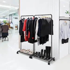 Mobile Rod Garment Hanging Rack Simple Trending Standard Clothes Garment Shelf Clothes Store Display Stands And Mesh Laminate