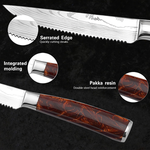 KITCHENCARE, venta al por mayor, patrón de Damasco, cuchillo de cocina Beaf, <span class=keywords><strong>4</strong></span> Uds., juego de cuchillos para carne con mango de resina roja - Product Image 5