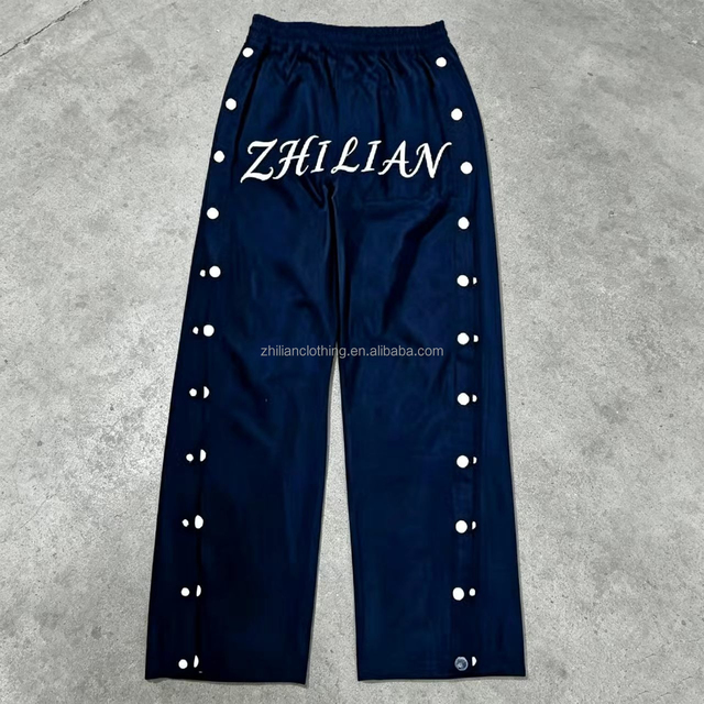 Side Snap Button Open Leg Street Wide Leg Heavyweight 100% Cotton Terry Track Pants Side Buttons Gothic Split Hem Jogger
