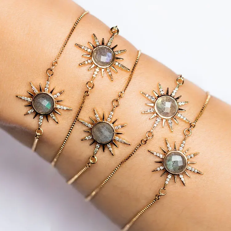 Popular sun shape gemstone bracelet 925 sterling silver box chain adjustable natural stone labradorite bracelet