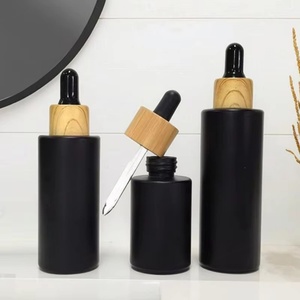 Custom Logo <b>Empty</b> Black 30ml/50ml/60ml Glass Frosted Serum Facial Oil <b>Bottle</b> Screen Printing Wood Transfer Plastic Dropper Lids - Product Image 1