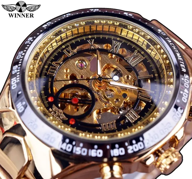 Luxury WINNER Watch Automatic Mechanical Watches Men Sport Design Bezel Golden Wristwatch Skeleton Homme Clock Relogio