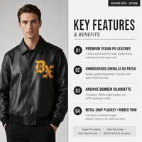 Blouson Bomber en Cuir PU Végétalien Premium Personnalisé avec Patchs Gothiques en Chenille et Ourlet Côtelé – OEM, ODM, Marque Privée, Remboursable, Personnalisable pour les Marques