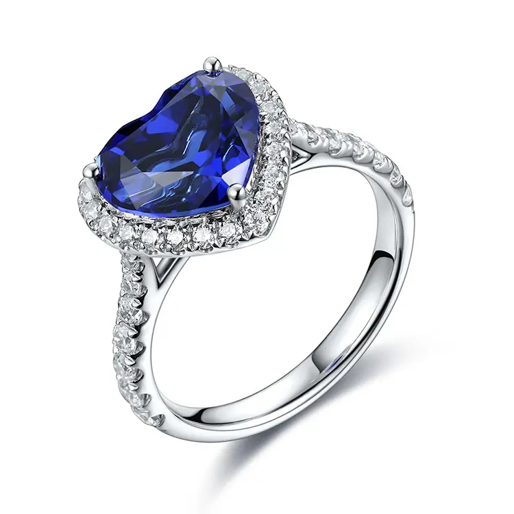 ANSTER 925 Sterling Silver Love Heart 3.43ct Royal Blue Lab Grown Sapphire Wedding Ring