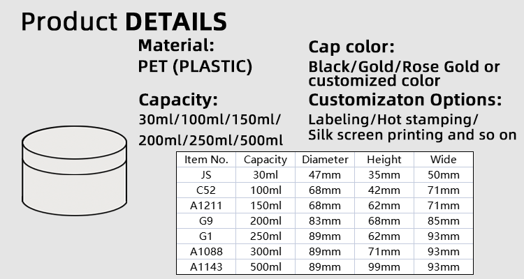 Empty 4oz 8oz 16oz PET Jars Clear Plastic Containers Gold Lids Cosmetics Storage 100ml 250ml 500ml