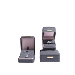 Luxury Gray Microfiber Jewelry <b>Box</b> Pink Lining Ring <b>Necklace</b> <b>Gift</b> <b>Box</b> Custom Metal Logo Engagement Ring <b>Box</b> - Product Image 1
