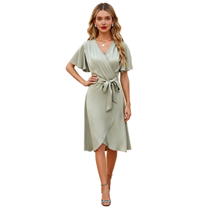Robe mini beige en satin pour femme, col en V, manches courtes, ourlet asymétrique, coupe droite, décontractée, lavable, coupe trapèze, tissage naturel - Product Image 2