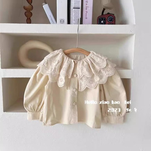 Girls Lace Collar Blouse Off White Cotton Poplin Spring 2024 Fashion Top - Product Image 3