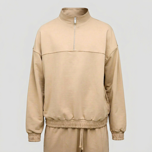 Unisex Beige Half <b>Zip</b> <b>Hooded</b> Sweatshirt Oversized Fit Regular Sleeve Casual Autumn Wear 100% Cotton Fleece Eco-Friendly Pocket - Product Image 1
