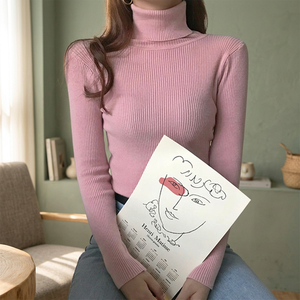 ZOKI 2023 Women's Pullover Turtleneck Sweater Autumn Long Sleeve Slim Elastic Korean Basic Jumper Solid Pink One Size New Cheap - Product Image 3